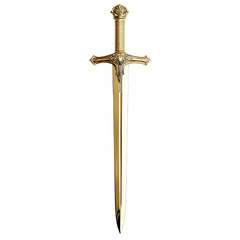 a photo of a grand knights sword made completely in shiny gold chrome, white background.