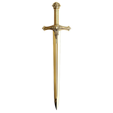 a photo of a grand knights sword made completely in shiny gold chrome, white background.