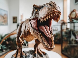 Obraz premium A detailed model of a roaring T-Rex displayed in a museum setting.