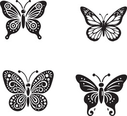 Elegant Silhouettes of the Flutterfly Isolated on a White Background in Monochrome Art Style
