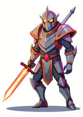 Obraz premium Armored knight with glowing sword in battle-ready stance. Medieval warrior in heavy armor, isolated vector illustration. 