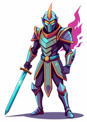 Fototapeta premium Armored knight with glowing sword in battle-ready stance. Medieval warrior in heavy armor, isolated vector illustration. 