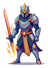 Obraz premium Armored knight with glowing sword in battle-ready stance. Medieval warrior in heavy armor, isolated vector illustration. 