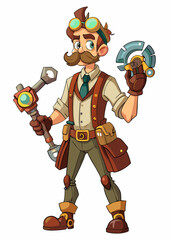 Obraz premium Steampunk engineer with mechanical arms holding a wrench and gadget.