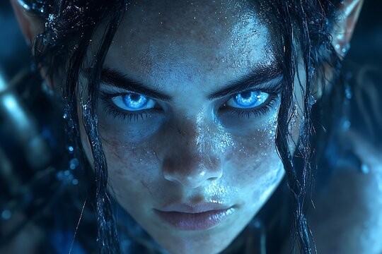 A close up of a female elf with striking blue eyes