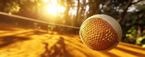 Obraz premium A close-up of a tennis ball in motion, with a sunlit background and sandy court.