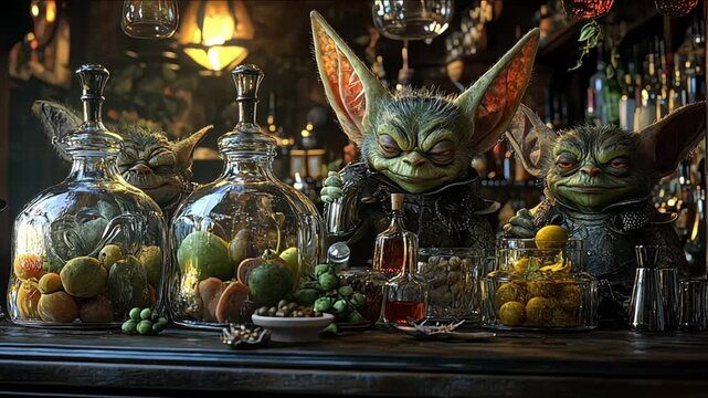 a goblin market, with various goblins trading magical items and potions