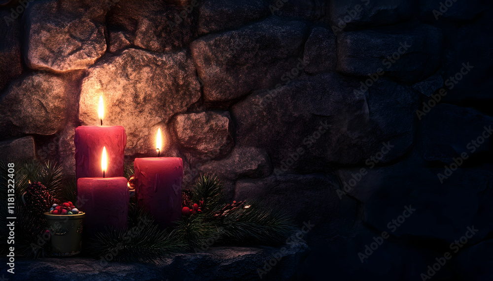 Poster first advent candle burning softly against a dark stone background with space for text -