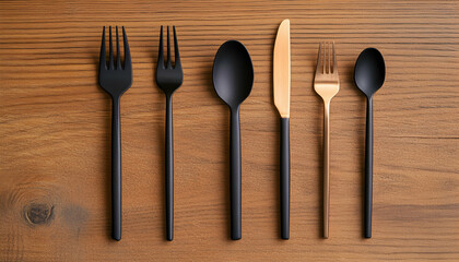 Flat lay featuring cutlery with copy space on a wooden texture  -
