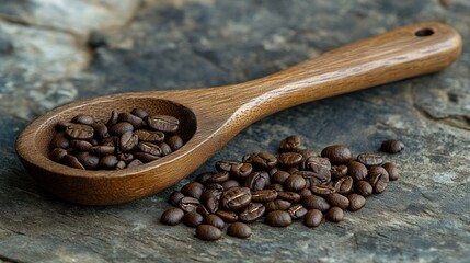 Fototapeta premium Wooden scoop filled with medium roasted coffee beans, resting on a pile of beans with a rustic coffee roastery vibe