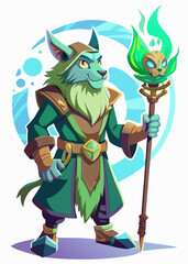 Obraz premium Enigmatic wizard casting a spell with an enchanted staff, surrounded by ethereal spirit energy. Fantasy sorcerer character isolated. Vector illustration. 