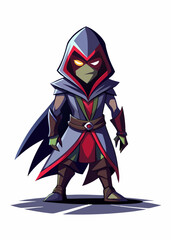 Fototapeta premium Mysterious assassin with glowing eyes standing in sleek suit. Dark rogue warrior isolated, futuristic masked killer character in stylish attire. Vector illustration.