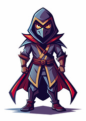 Fototapeta premium Mysterious assassin with glowing eyes standing in sleek suit. Dark rogue warrior isolated, futuristic masked killer character in stylish attire. Vector illustration.