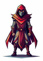 Obraz premium Mysterious assassin with glowing eyes standing in sleek suit. Dark rogue warrior isolated, futuristic masked killer character in stylish attire. Vector illustration.