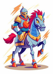 Fototapeta premium Fearless knight in shining armor riding a robotic horse. Futuristic medieval warrior with advanced technology, isolated character. Dynamic vector illustration. 