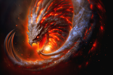 Spiral red dragon with long fangs breathing flames in a space environment, AI generated
