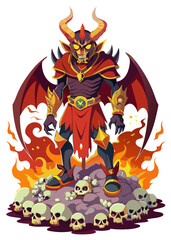 Naklejka premium Terrifying demonic monster with fiery wings standing atop a mountain of skulls.