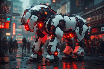 Robotic Horse Stands In A Rainy City Street