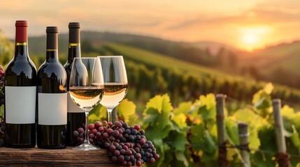 Fototapeta premium Scenic View of Wine Bottles and Glasses at Sunset, Bottles wineglasses grapes concept.