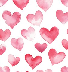 Watercolor pink hearts pattern on a white background, seamless and cute.