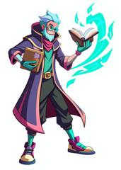 Mystical tech mage casting powerful spells from an ancient spellbook. Futuristic sorcerer with glowing energy, isolated vector illustration.