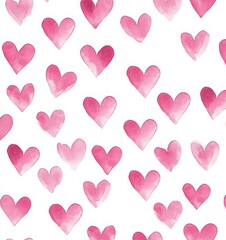 Watercolor pink hearts pattern on a white background, seamless and cute.