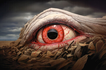 Red eye emerging from a desertic landscape, AI generated