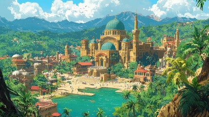 Naklejka premium Picturesque Coastal City with Grand Mosque: A Journey to a Tropical Paradise. Discover the rich culture and history of this stunning coastal city, nestled amidst lush greenery and majestic mountains.