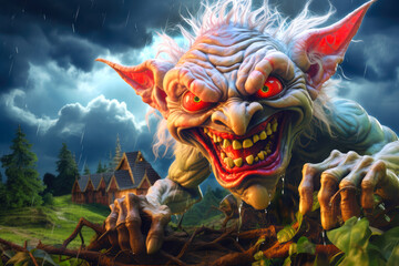 Fototapeta premium Goblin in front of a stormy sky with lightning, AI generated