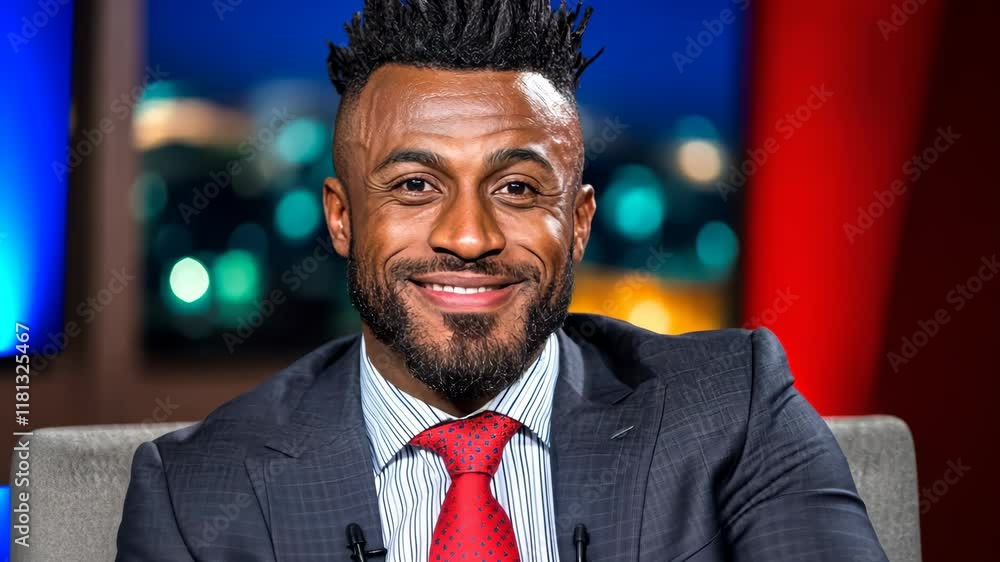 Aufkleber man with a beard and dreadlocks is smiling and wearing a suit and tie. he is sitting on a couch