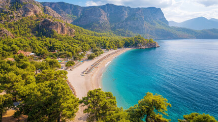 Aerial view of a stunning Mediterranean beach with sun umbrellas
