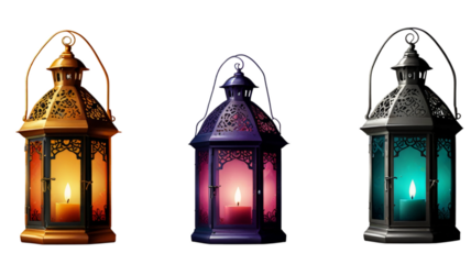 Three beautifully crafted lanterns in bronze, purple, and black, each illuminating a soft candle flame. These lanterns add a warm and cozy ambiance to any setting.