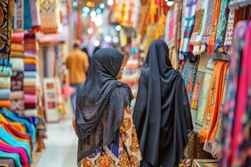 Two Women Strolling Through Colorful Textile Market in Vibrant Atmosphere