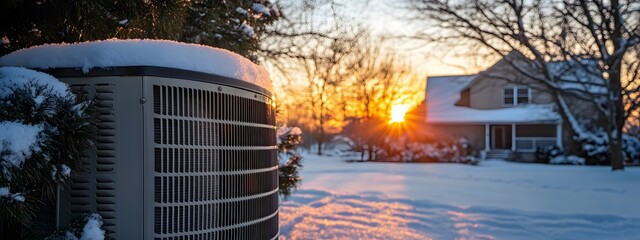 A heat pump on the side of an electric house in winter, with snow-covered ground and trees under sunset lighting