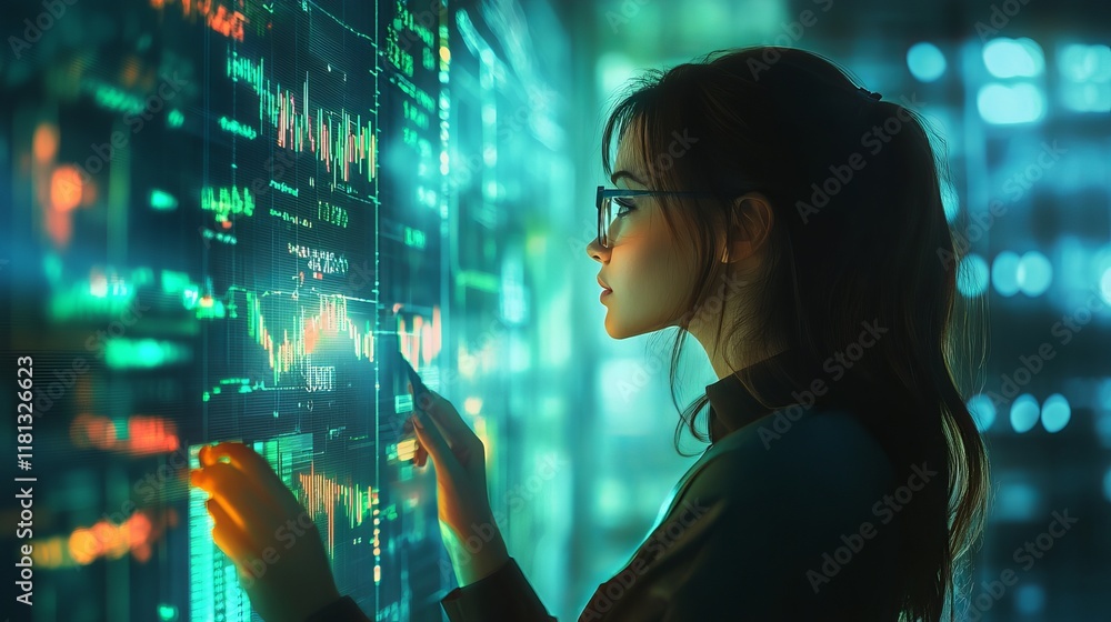 Poster focused woman analyzing data on computer screen in modern office setting with bright natural light
