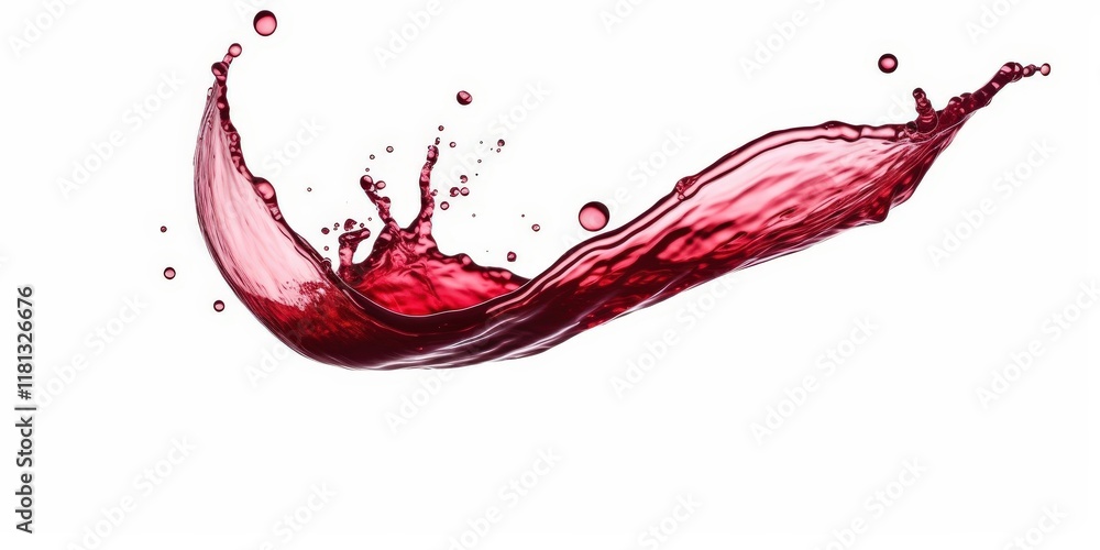 Poster isolated splash of red wine captured in mid-air with dynamic flow and elegant curves against a pure 