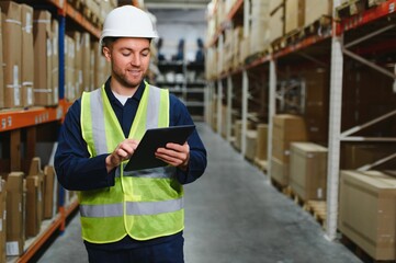 Portrait of warehouseman with clipboard checking delivery, stock in warehouse