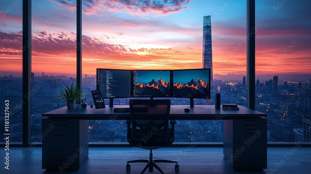 Poster bright and inviting workspace featuring a modern computer on a desk by a large sunlit window