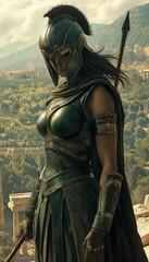 The Greek goddess Athena armed with a spear and a _010