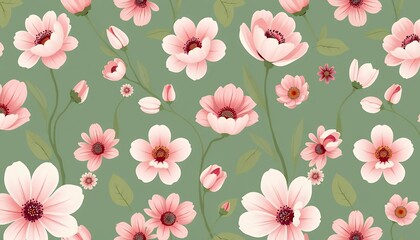 Delicate Pink and Green Floral Pattern: Seamless Botanical Design