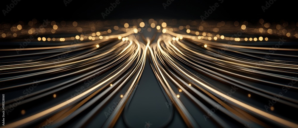 Poster A mesmerizing view of illuminated lines converging and diverging, creating a sense of depth and motion against a dark background.