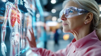 A female scientist analyzes a futuristic heart visualization in a high-tech lab setting, reflecting innovation, dedication, and the advancement of medical science.