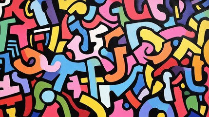 An abstract maze of graffiti letters and shapes blending into a kaleidoscope of bright colors and sharp contrasts