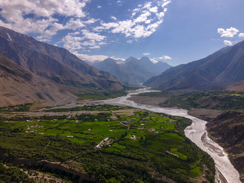 Aerial view of serene Yarkhoon Lasht valley with beautiful mountains and a river, Upper Chitral, Pakistan.