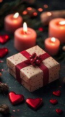 A beautifully wrapped gift box sits in a cozy setting, surrounded by glow from soft candles and scattered heart-shaped decorations. Perfectly arranged for a romantic celebration