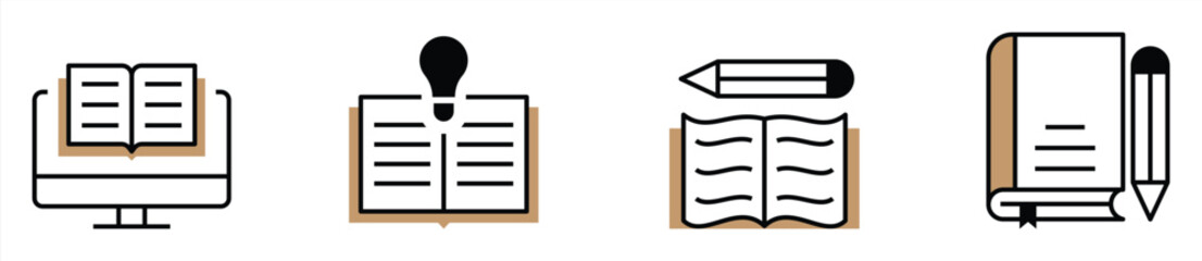 Collection of Educational and Writing Icons Depicting Books and Tools