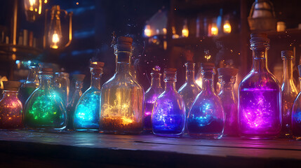 A collection of colorful potions in glass bottles, emitting magical glows and smoke.