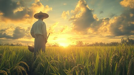 Fototapeta premium A Thoughtful Man Standing Alone in a Lush Green Field Surrounded by Nature's Beauty and Calmness