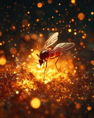Naklejka premium A close-up of a mosquito on a shimmering surface with golden particles.