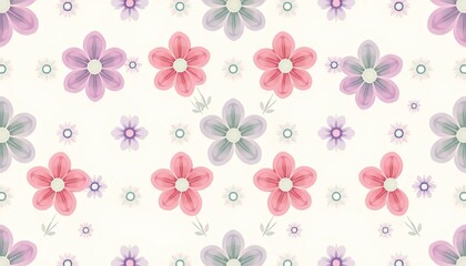 Pastel Floral Seamless Pattern: Delicate Pink and Purple Flowers on White Background